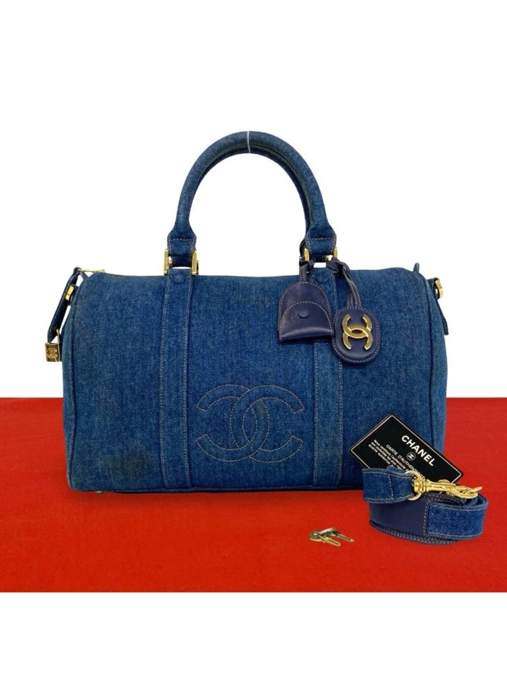 Chanel Vintage CC Logo Denim 2-Way Shoulder Bag Blue